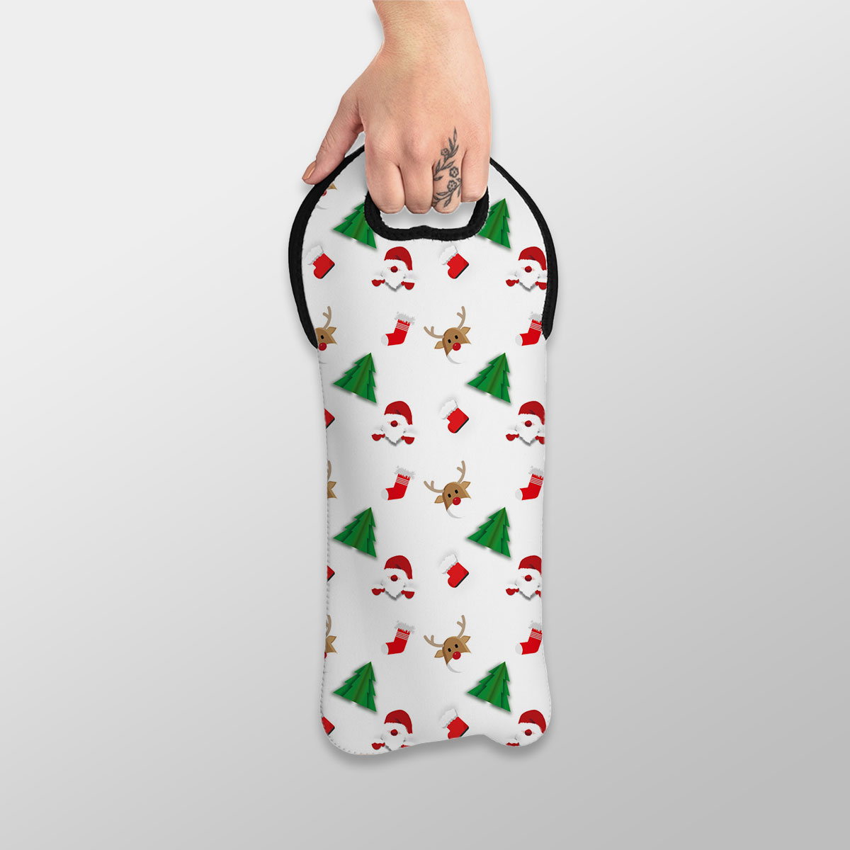 Santa Claus, Pine Tree Silhouette, Christmas Reindeer And Red Socks Seamless Pattern Wine Tote Bag
