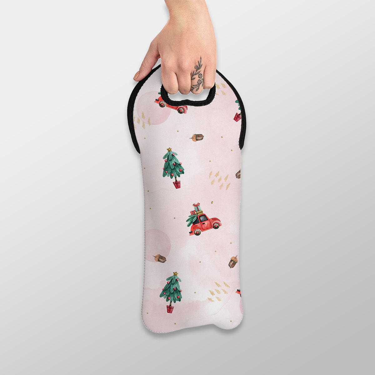 Watercolor Christmas Car With Gifts And Acorns Pink Pattern Wine Tote Bag