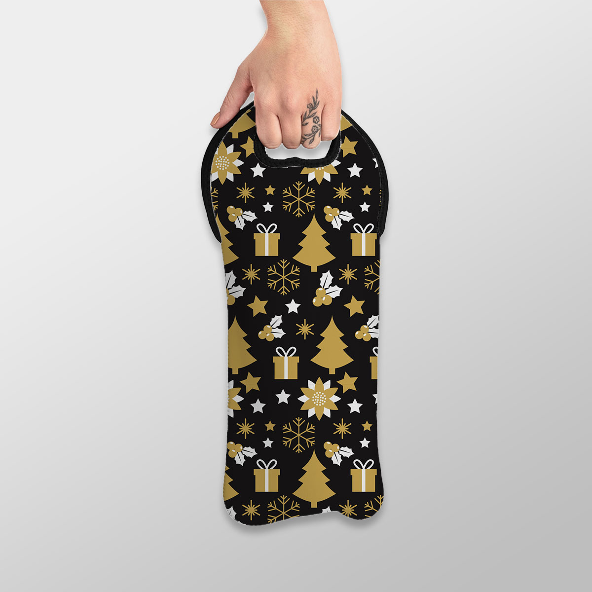 White And Gold Christmas Gift, Christmas Tree, Snowflake On Black Background Wine Tote Bag
