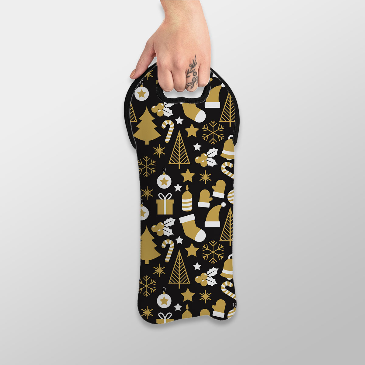 White And Gold Christmas Socks, Christmas Tree, Candy Cane On Black Background Wine Tote Bag