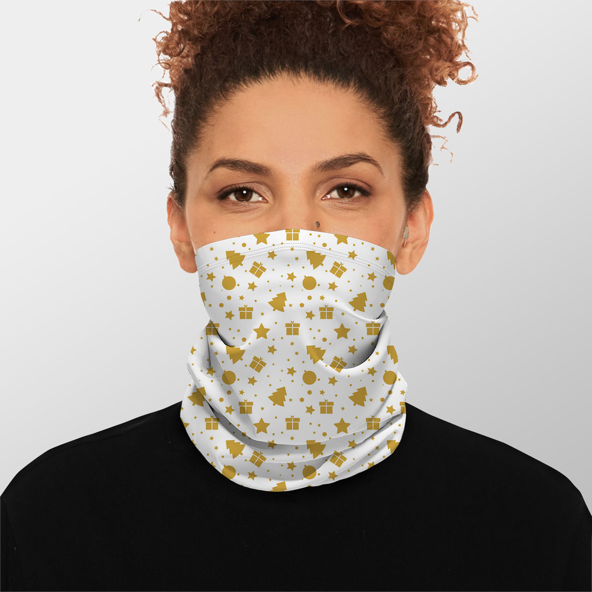 Christmas Gifts, Baudles And Pine Tree Silhouette Filled In Gold Color Pattern Winter Neck Gaiter