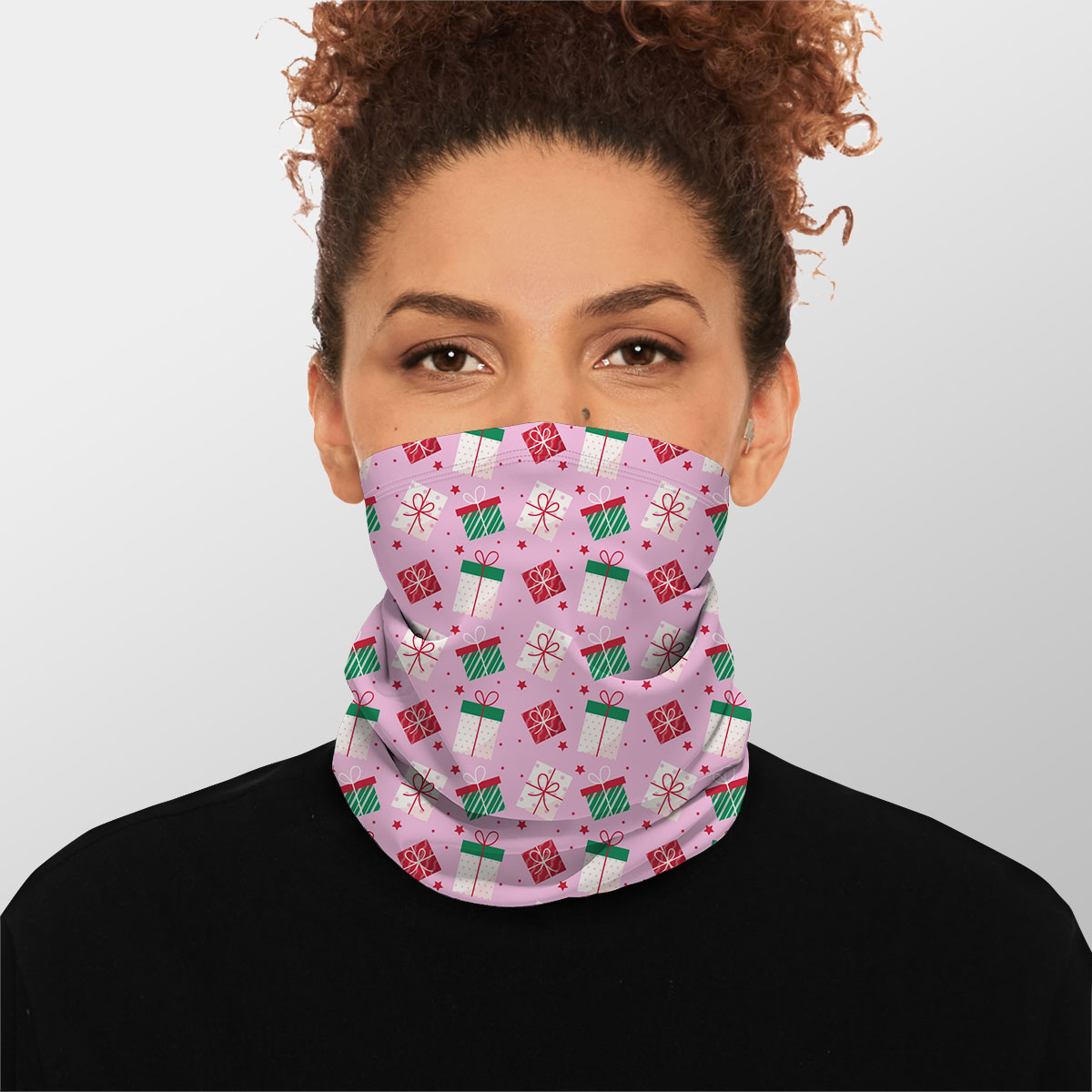 Red Green And White Christmas Gift On Pink Background Winter Neck Gaiter