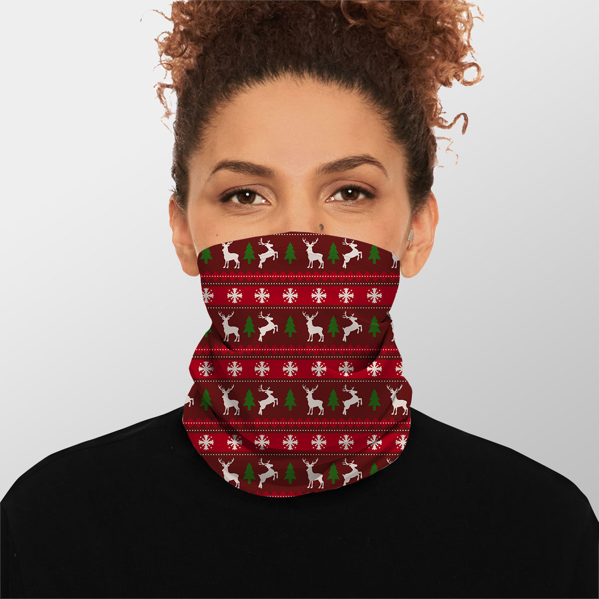 Red Green And White Christmas Tree, Reindeer With Snowflake Winter Neck Gaiter