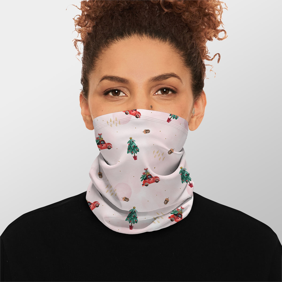 Watercolor Christmas Car With Gifts And Acorns Pink Pattern Winter Neck Gaiter