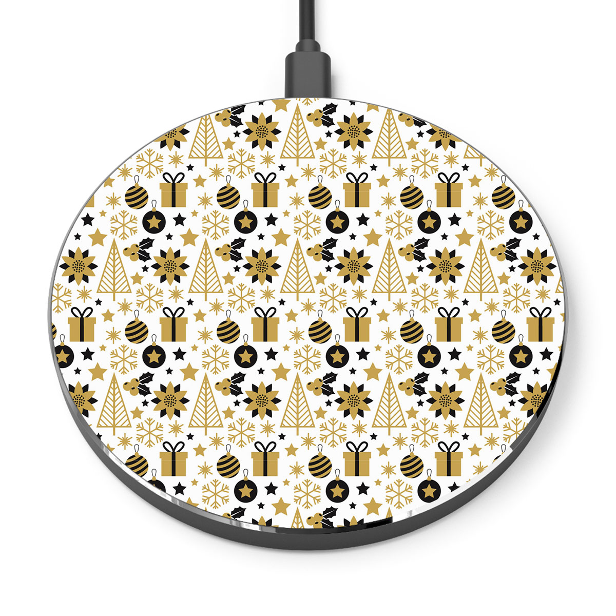 Black And Gold Christmas Gift, Holly Leaf, Snowflake On White Background Printed Wireless Charger