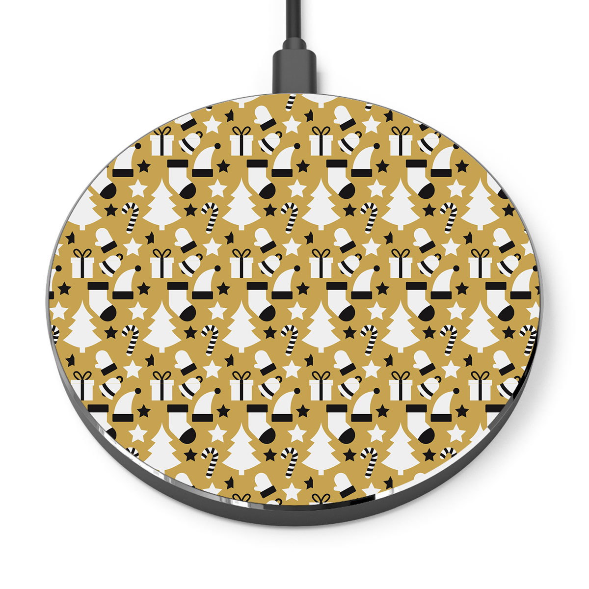 Black And White Christmas Socks, Christmas Tree, Candy Cane On Gold Background Printed Wireless Charger