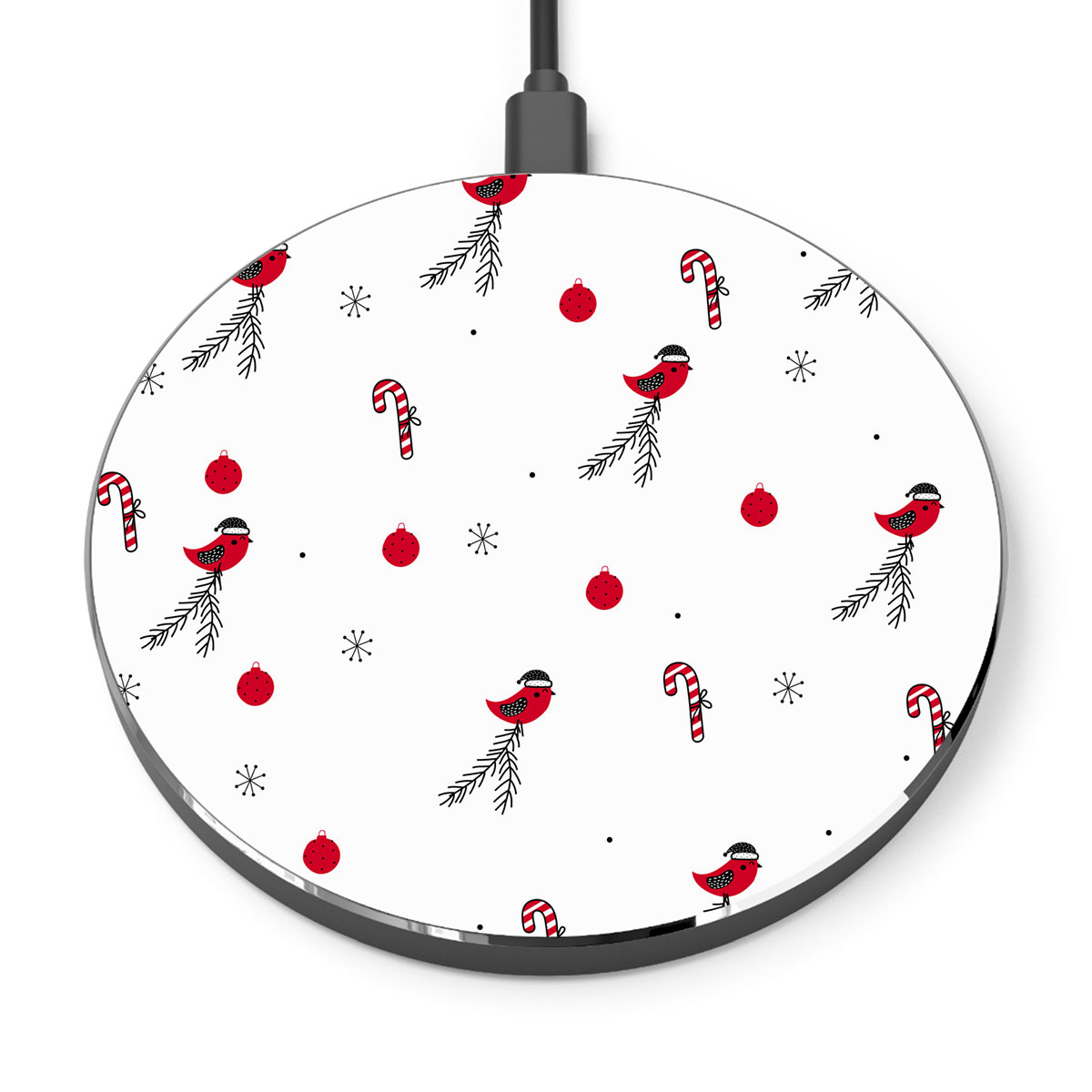 Cardinal Bird With Santa Hat, Candy Canes, Christmas Balls And Snowflake Clipart Seamless White Pattern Printed Wireless Charger