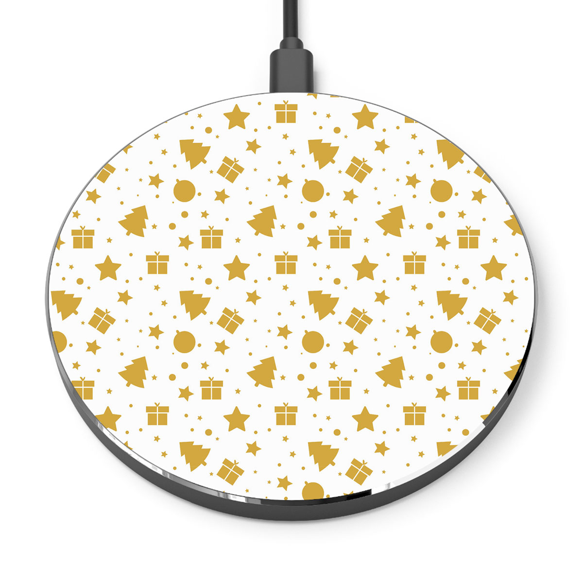 Christmas Gifts, Baudles And Pine Tree Silhouette Filled In Gold Color Pattern Printed Wireless Charger