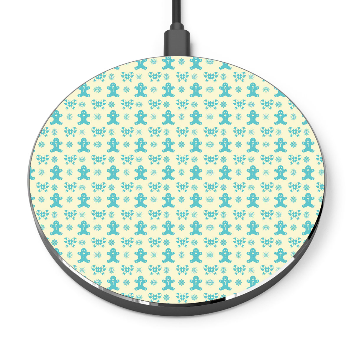 Christmas Gingerbread Man, Candy Cane On Snowflake Background Printed Wireless Charger