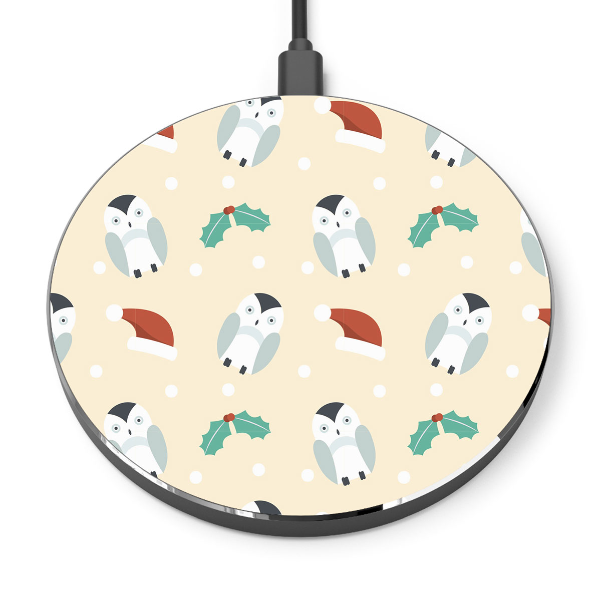 Christmas Penguins, Holly Leaf On Light Yellow Background Printed Wireless Charger