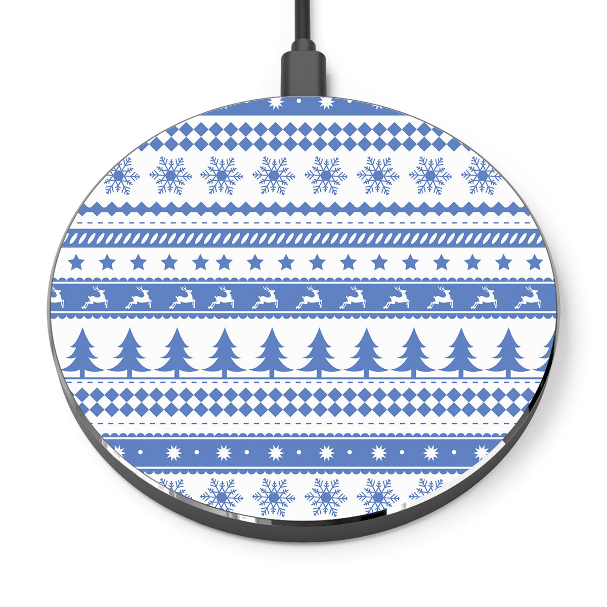 Christmas Pine Tree Silhouette, Reindeer And Snowflake Seamless Blue Pattern Printed Wireless Charger