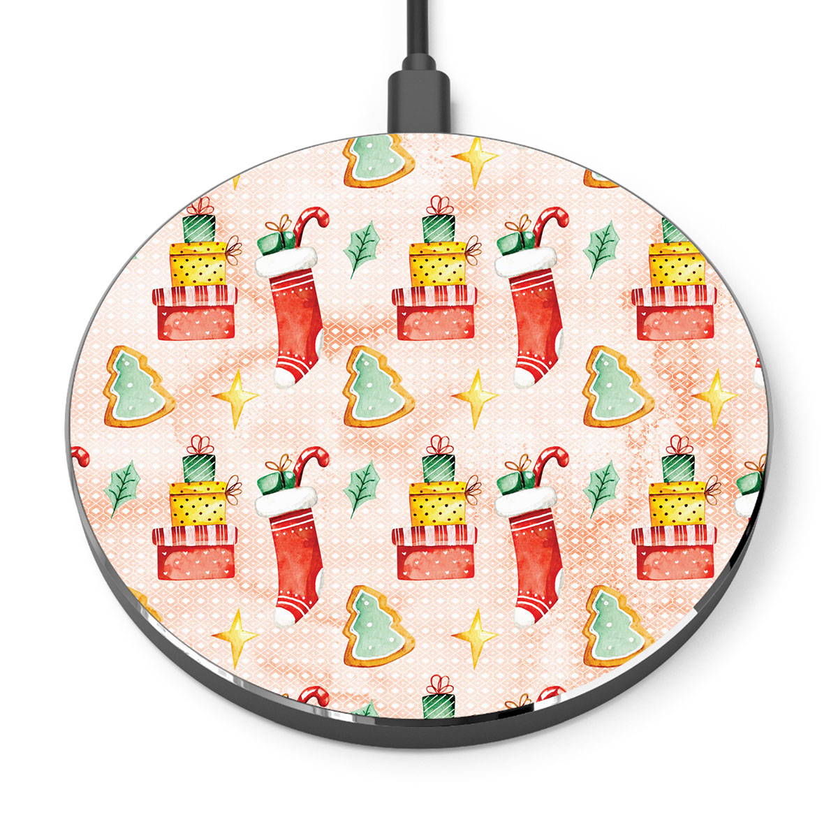 Gingerbread, Christmas Tree, Red Socks With Candy Canes Printed Wireless Charger