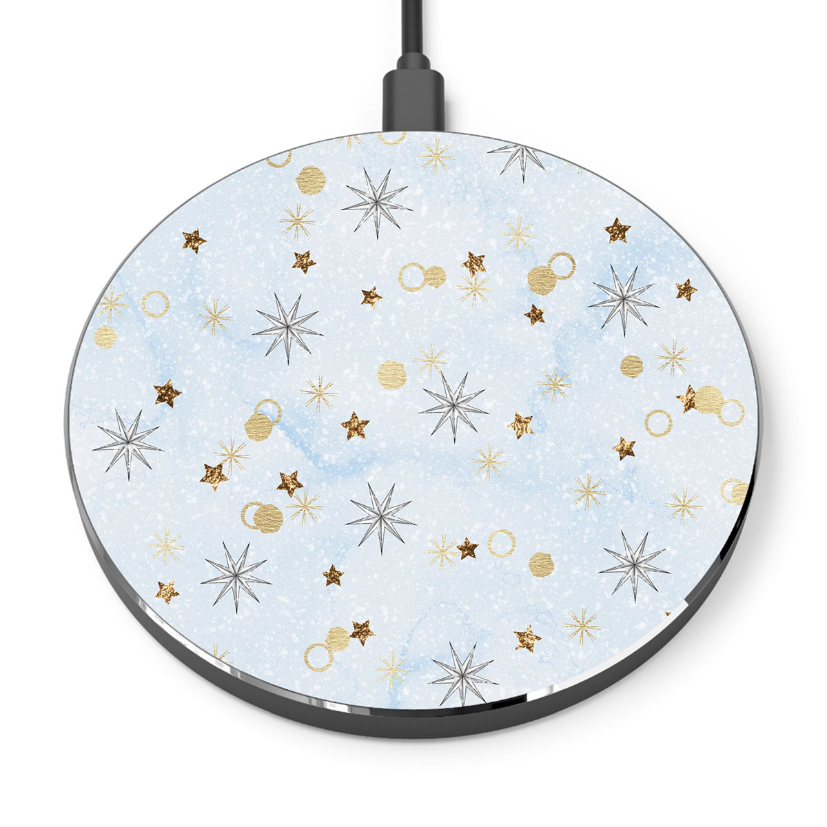 Gold Christmas Star On Snowflake Background Printed Wireless Charger