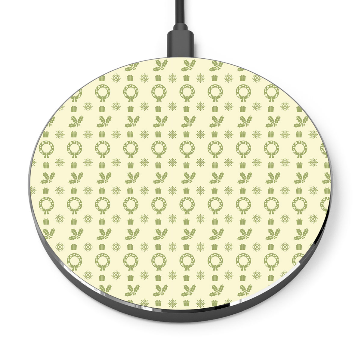 Green And Yellow Christmas Gift, Holly Leaf With Snowflake Printed Wireless Charger
