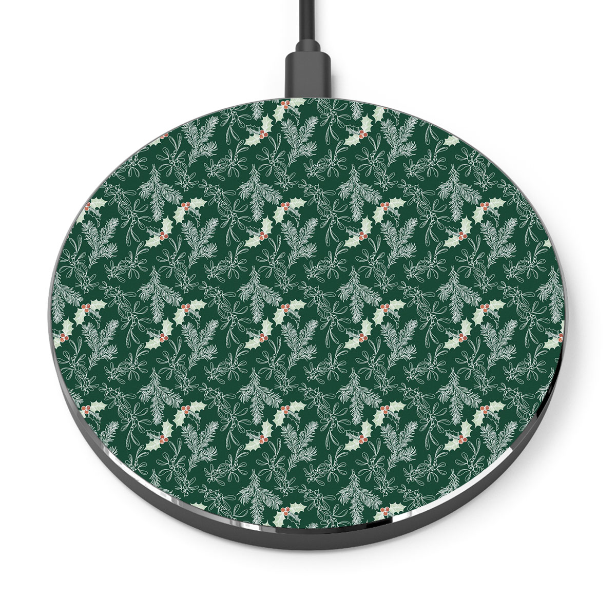 Holly Leaf, Christmas Mistletoe And Pine Tree Branche Printed Wireless Charger