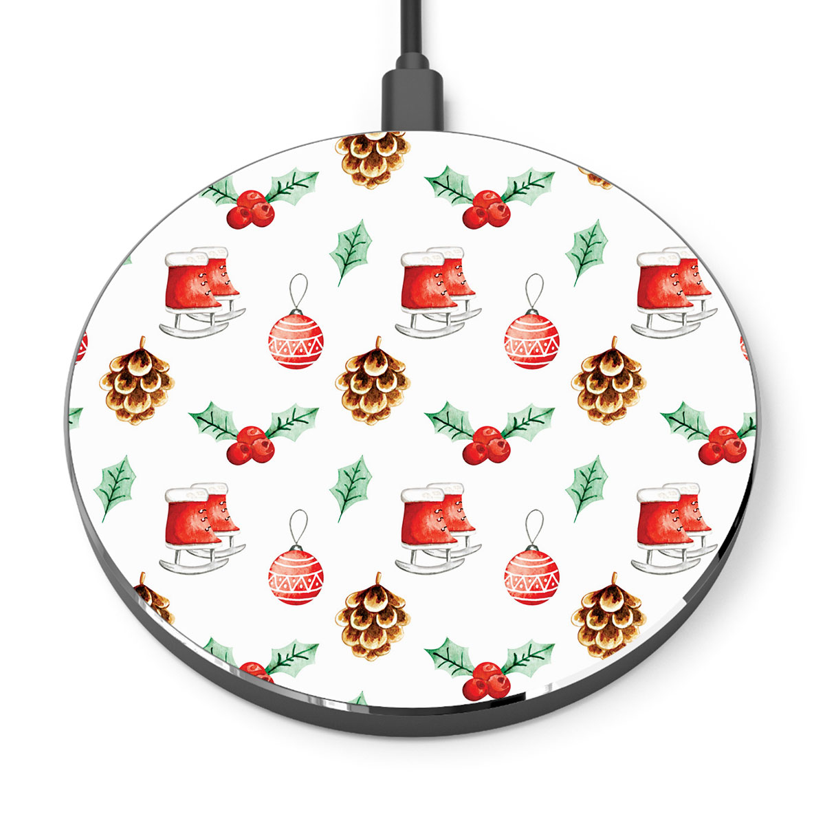 Ice Skates, Holly Leaf, Pine Cone And Christmas Baubles Printed Wireless Charger