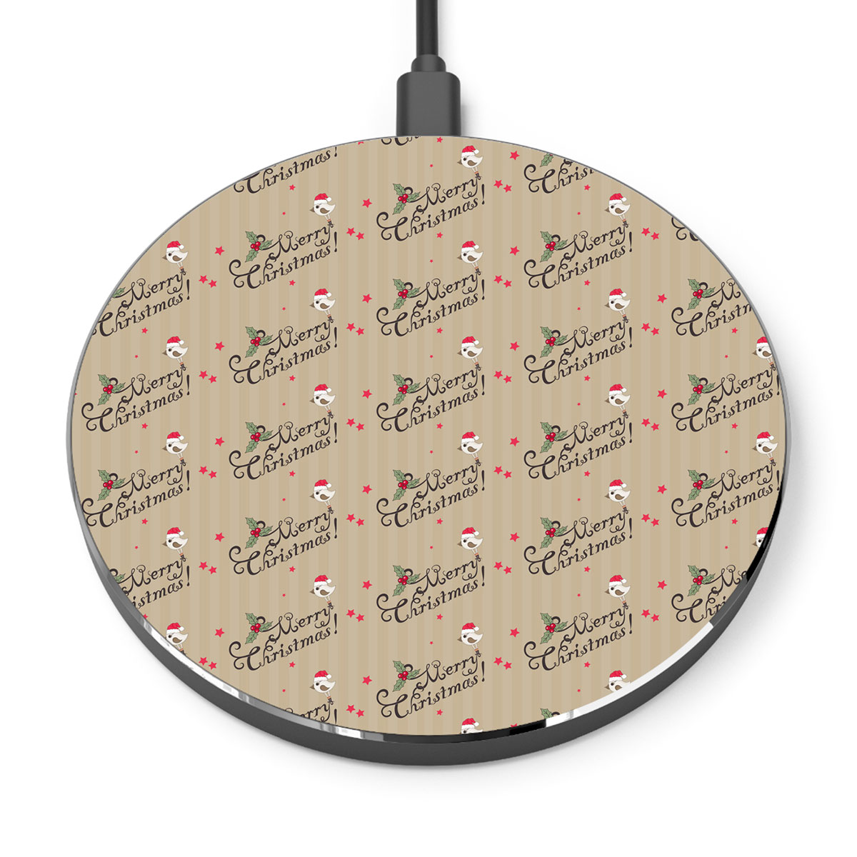 Merry Christmas With Cardinal Bird And Holly Leaf Printed Wireless Charger