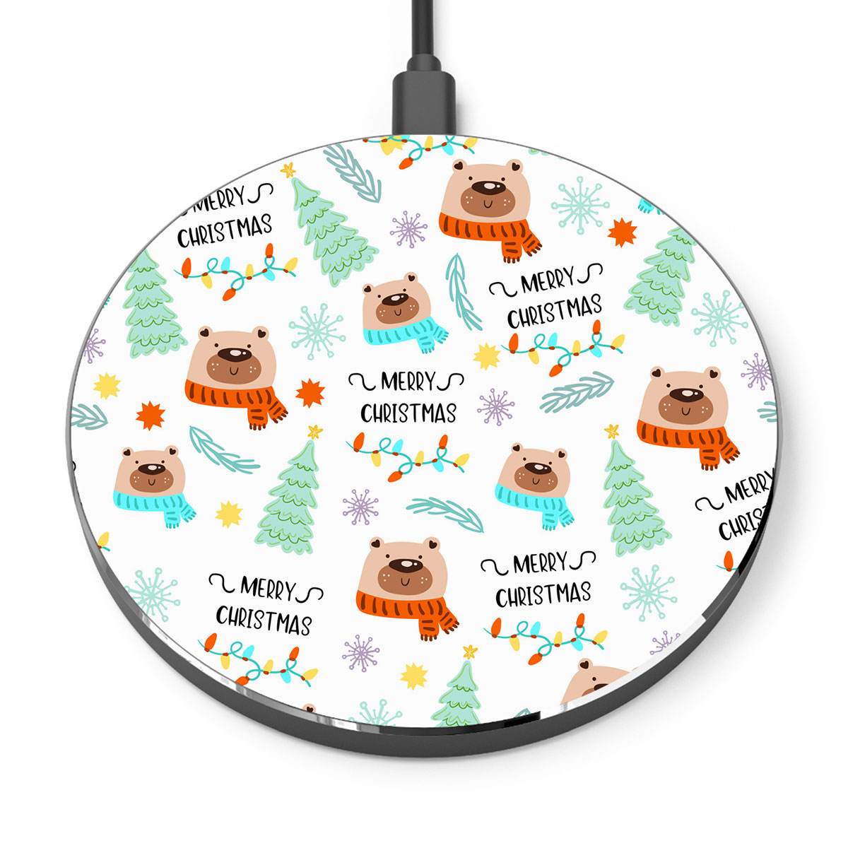 Merry Christmas With Polar Bear, Snowflake, Christmas Tree Printed Wireless Charger
