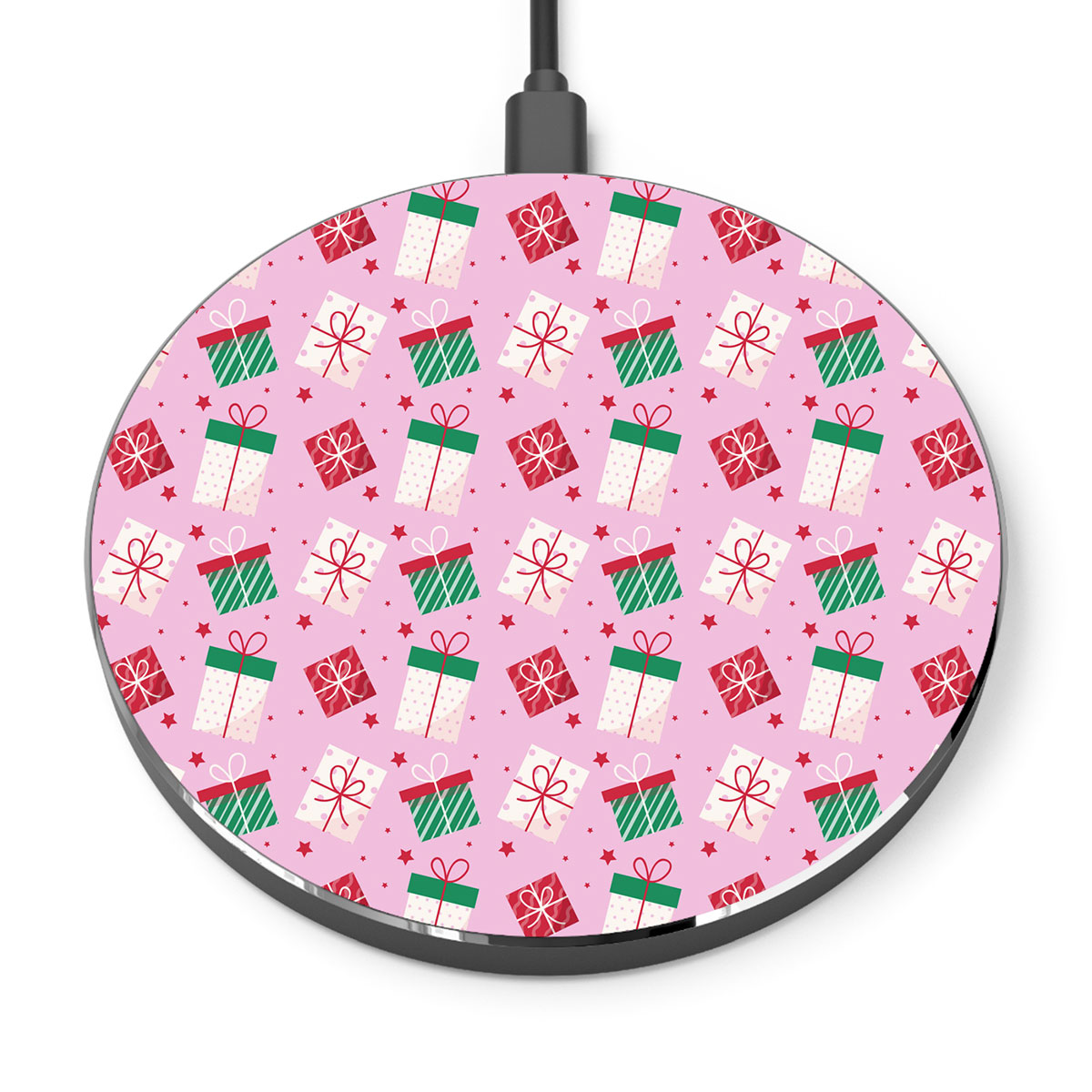 Red Green And White Christmas Gift On Pink Background Printed Wireless Charger