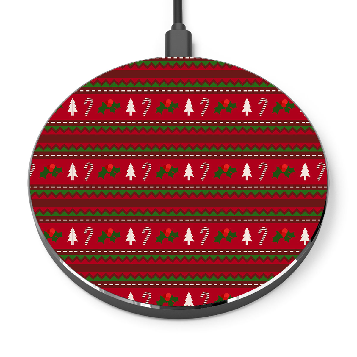 Red Green And White Christmas Tree, Holly Leaf With Candy Cane.jpg Printed Wireless Charger