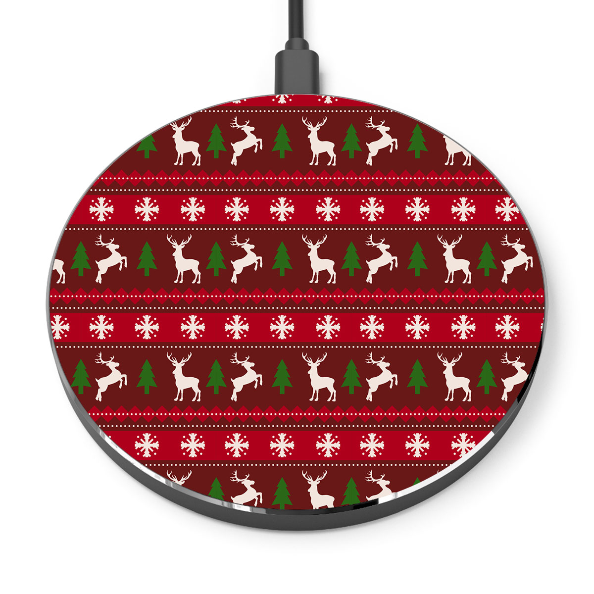 Red Green And White Christmas Tree, Reindeer With Snowflake Printed Wireless Charger