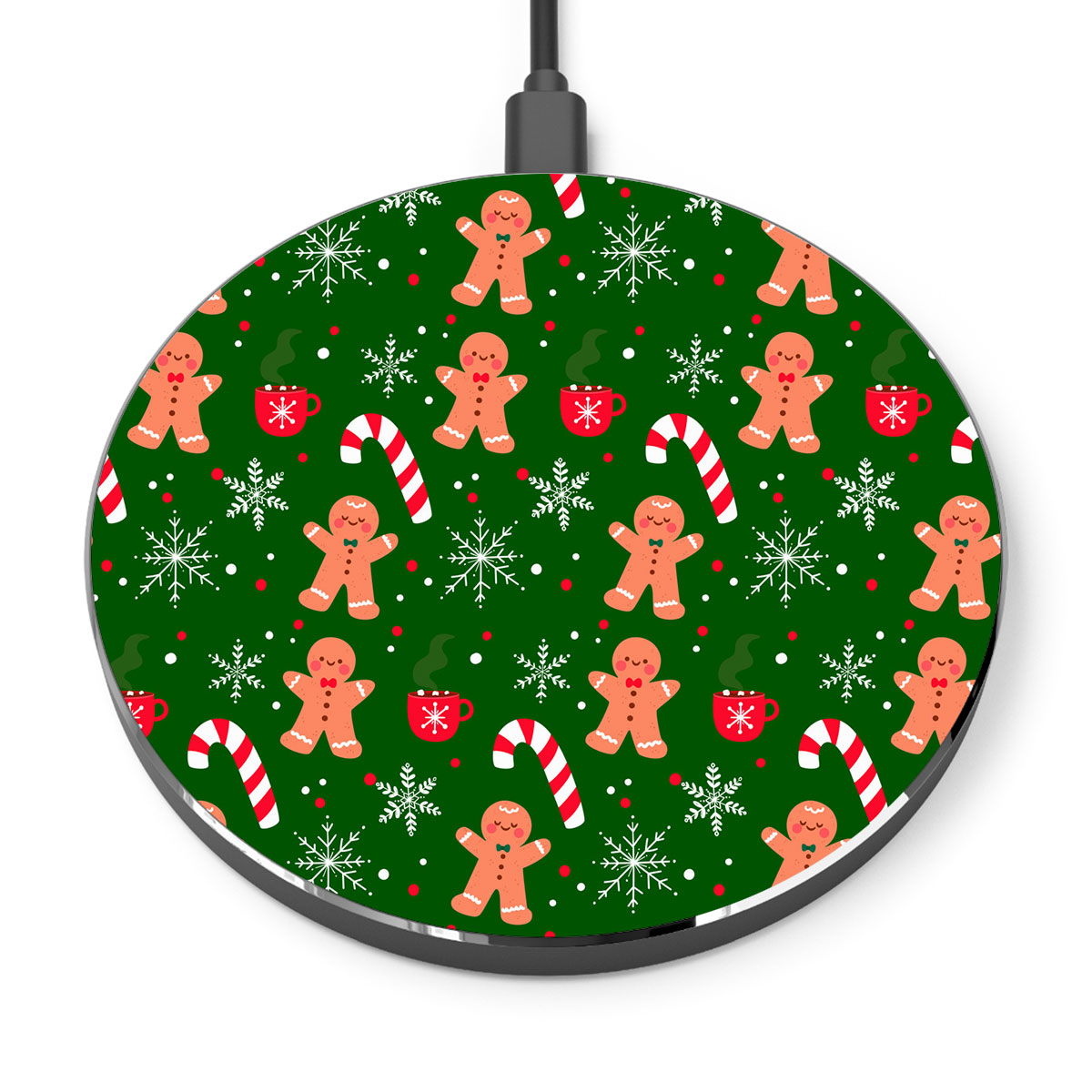 Red Green And White Gingerbread Man, Candy Cane With Snowflake Printed Wireless Charger