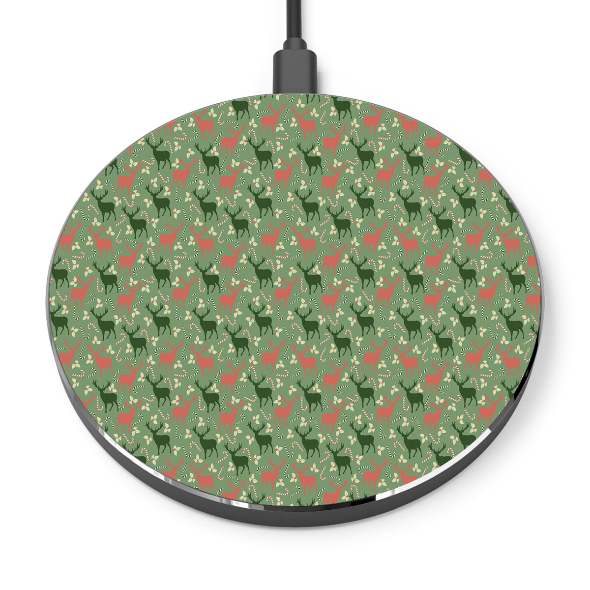 Reindeer, Christmas Flowers And Candy Canes Printed Wireless Charger
