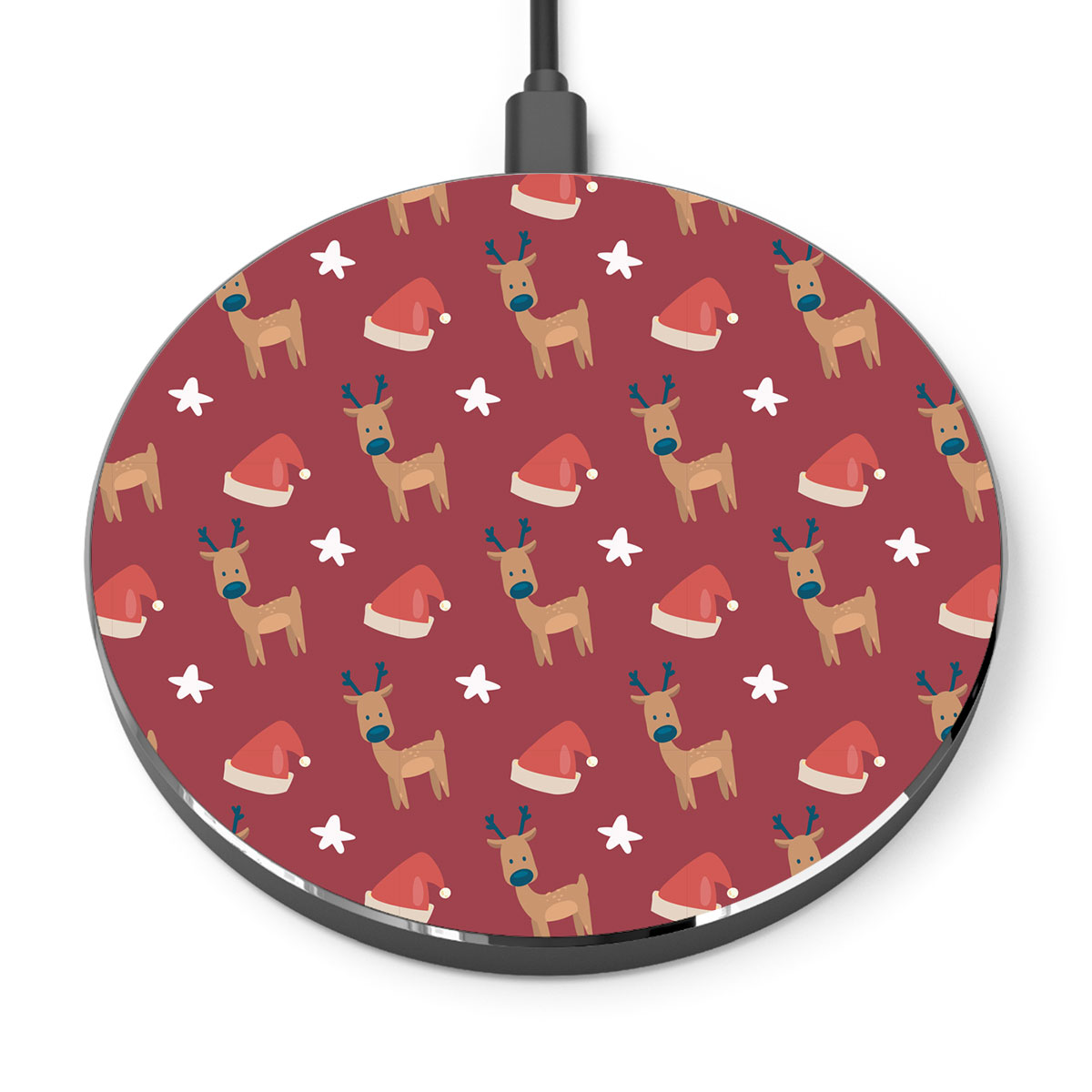Reindeer Clipart, Santa Hat And Star Seamless Red Pattern Printed Wireless Charger