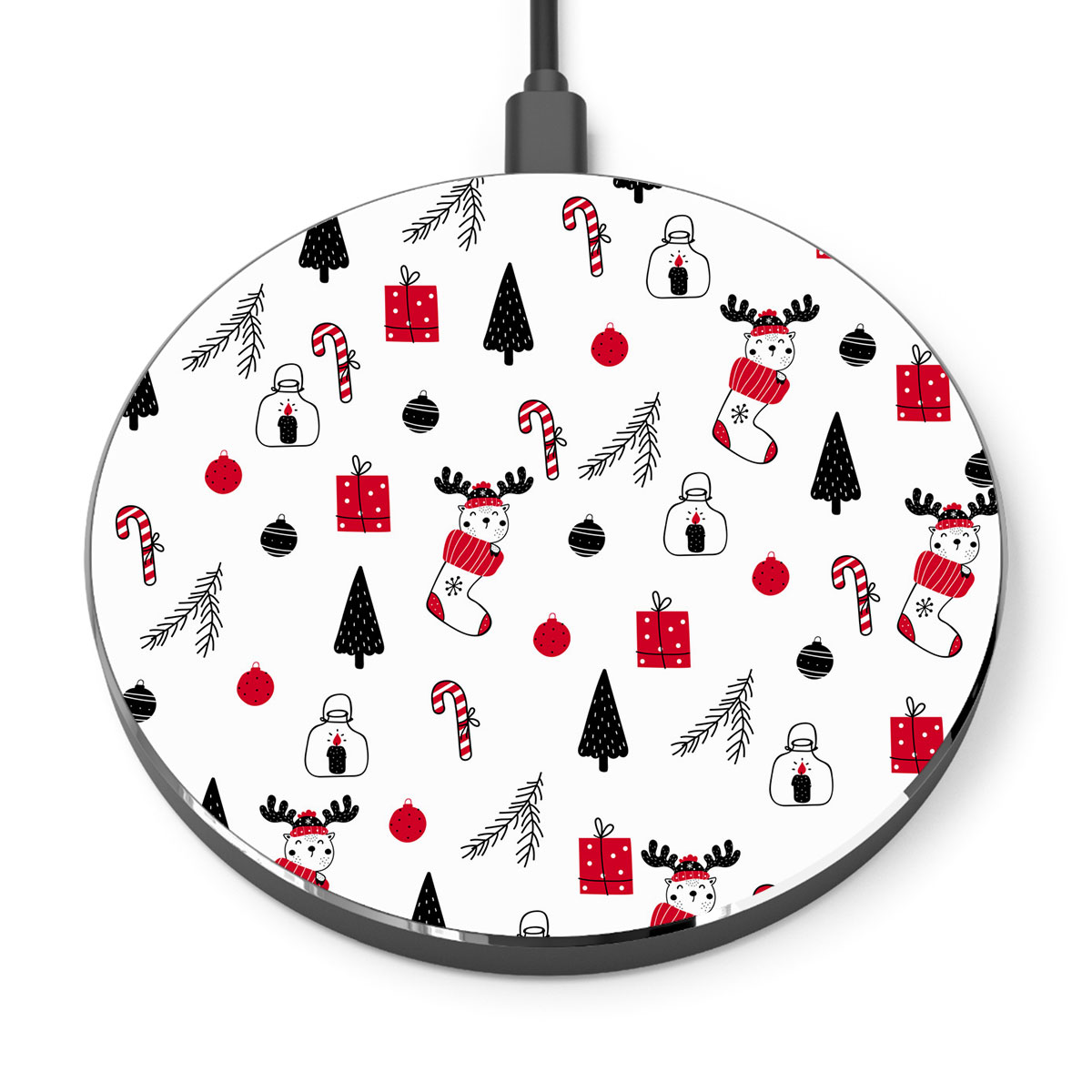 Reindeer Clipart In Hand Drawn Red Socks, Christmas Balls, Candy Canes, And Christmas Gifts Seamless White Pattern Printed Wireless Charger