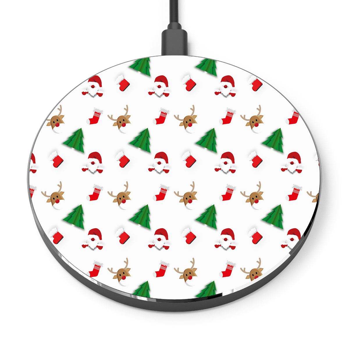 Santa Claus, Pine Tree Silhouette, Christmas Reindeer And Red Socks Seamless Pattern Printed Wireless Charger