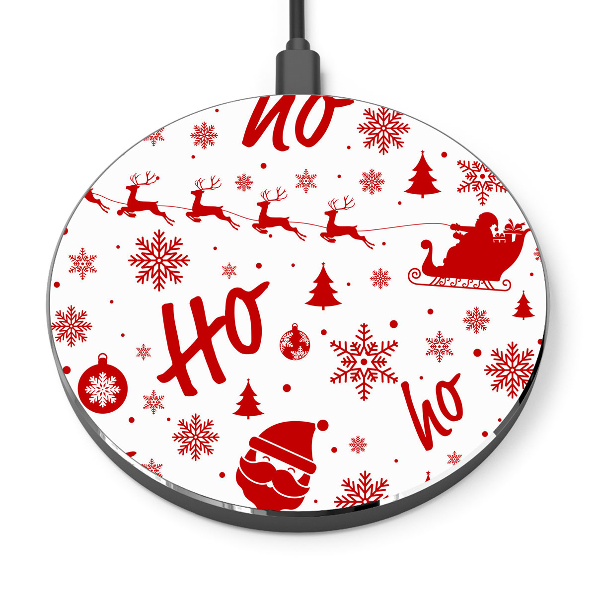Santa Claus, Santas Reindeer And Christmas Sleigh On The Snowflake Background Printed Wireless Charger