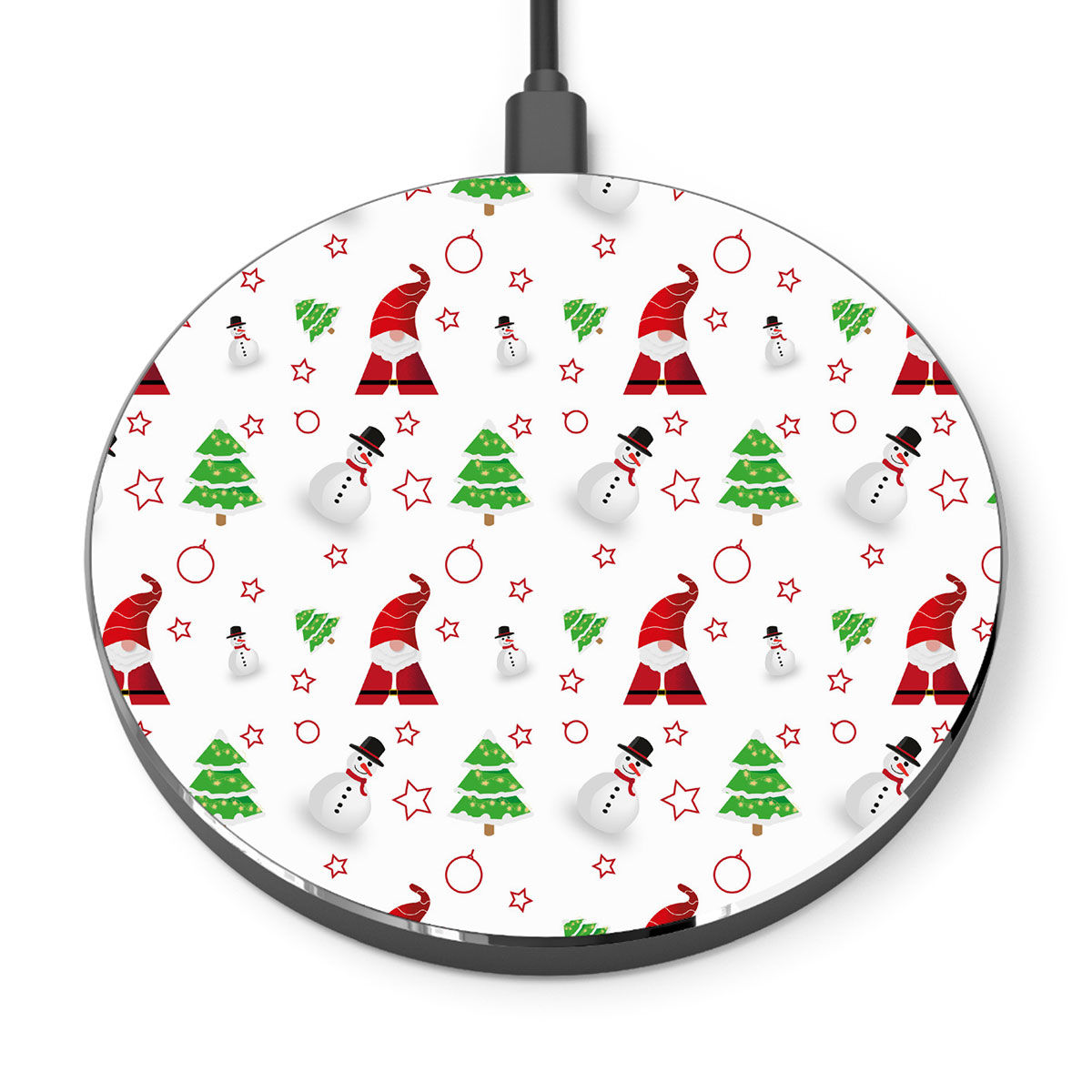 Santa Claus, Snowman Clipart And Pine Tree Silhouette Seamless Pattern Printed Wireless Charger
