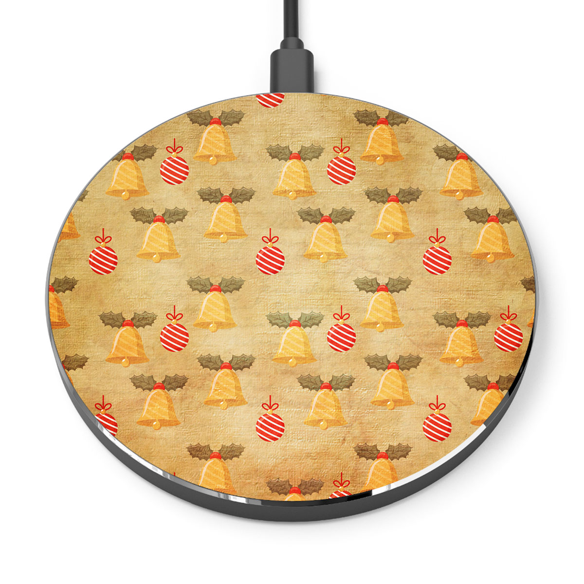 Vintage Christmas With Bells And Christmas Baubles Printed Wireless Charger