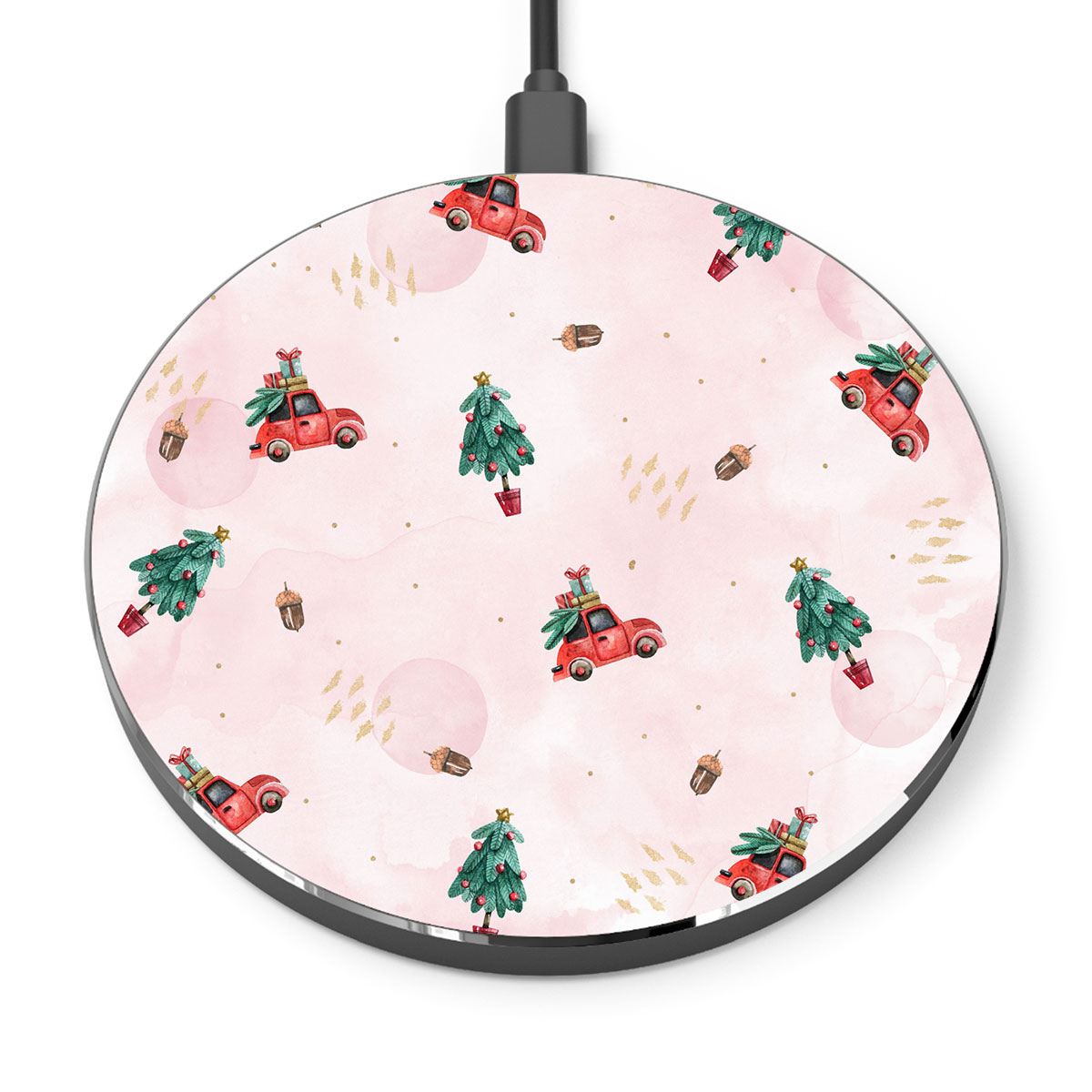 Watercolor Christmas Car With Gifts And Acorns Pink Pattern Printed Wireless Charger