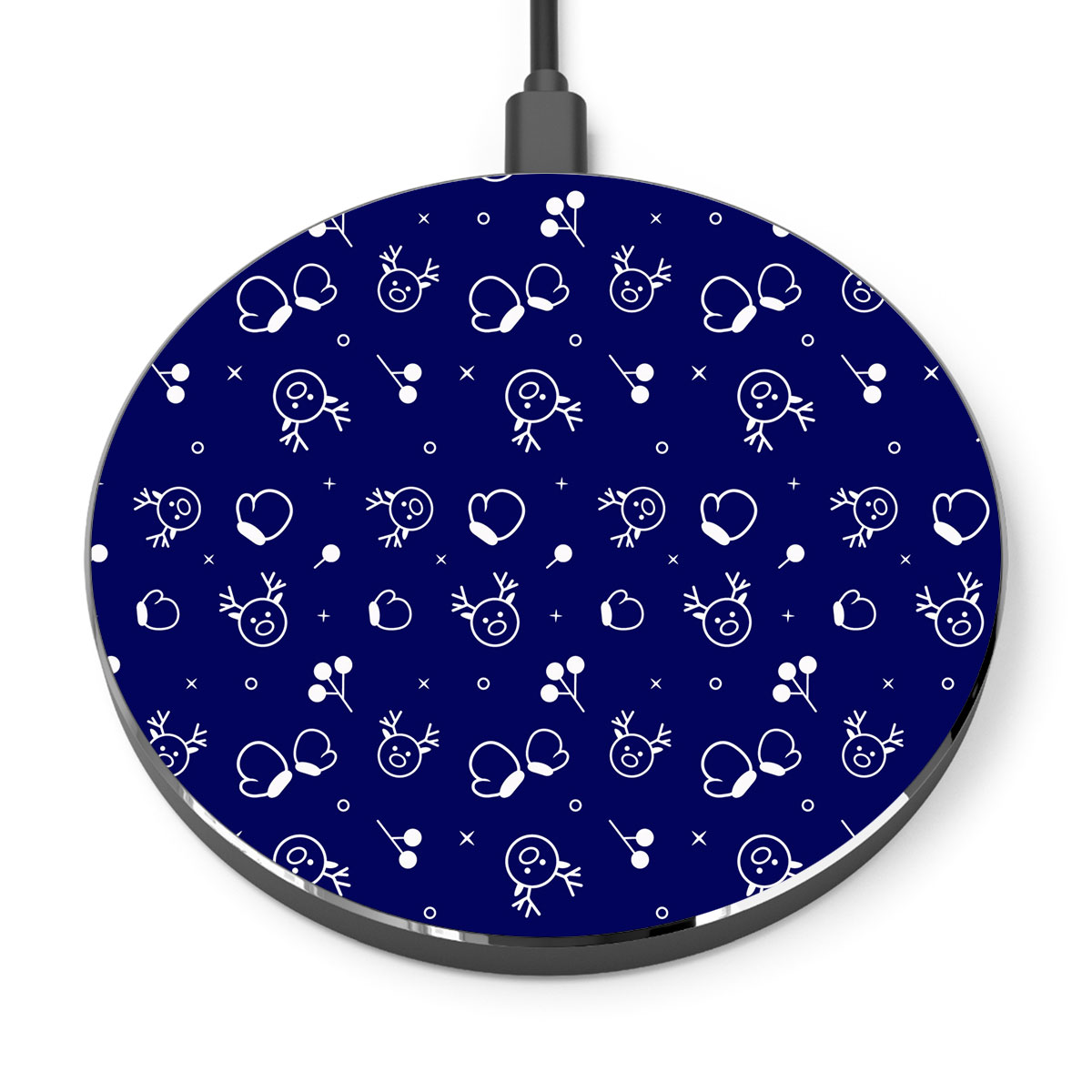 White And Blue Christmas Gloves And Reindeer Printed Wireless Charger