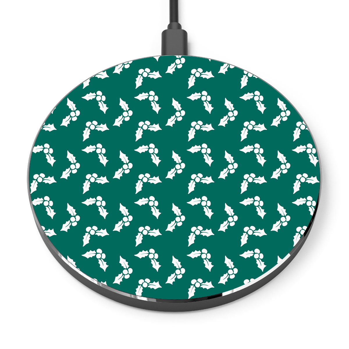 White And Dark Green Holly Leaf Christmas Printed Wireless Charger