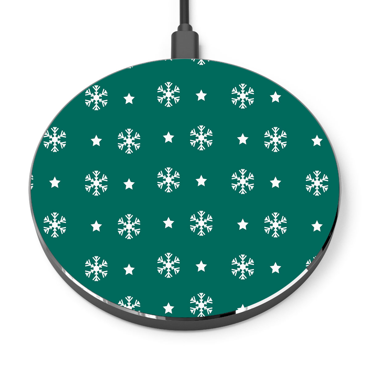 White And Dark Green Snowflake With Christmas Star Printed Wireless Charger