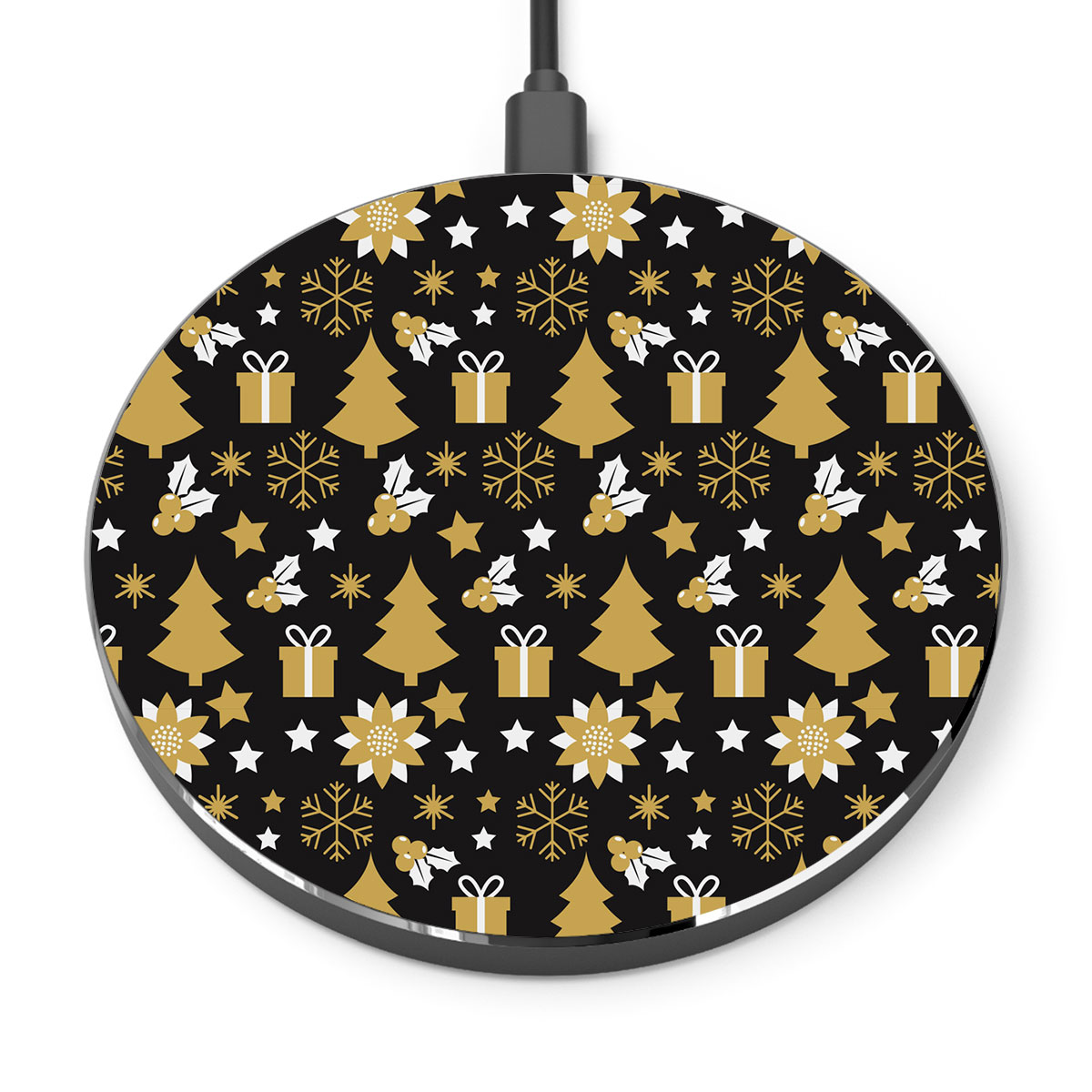White And Gold Christmas Gift, Christmas Tree, Snowflake On Black Background Printed Wireless Charger