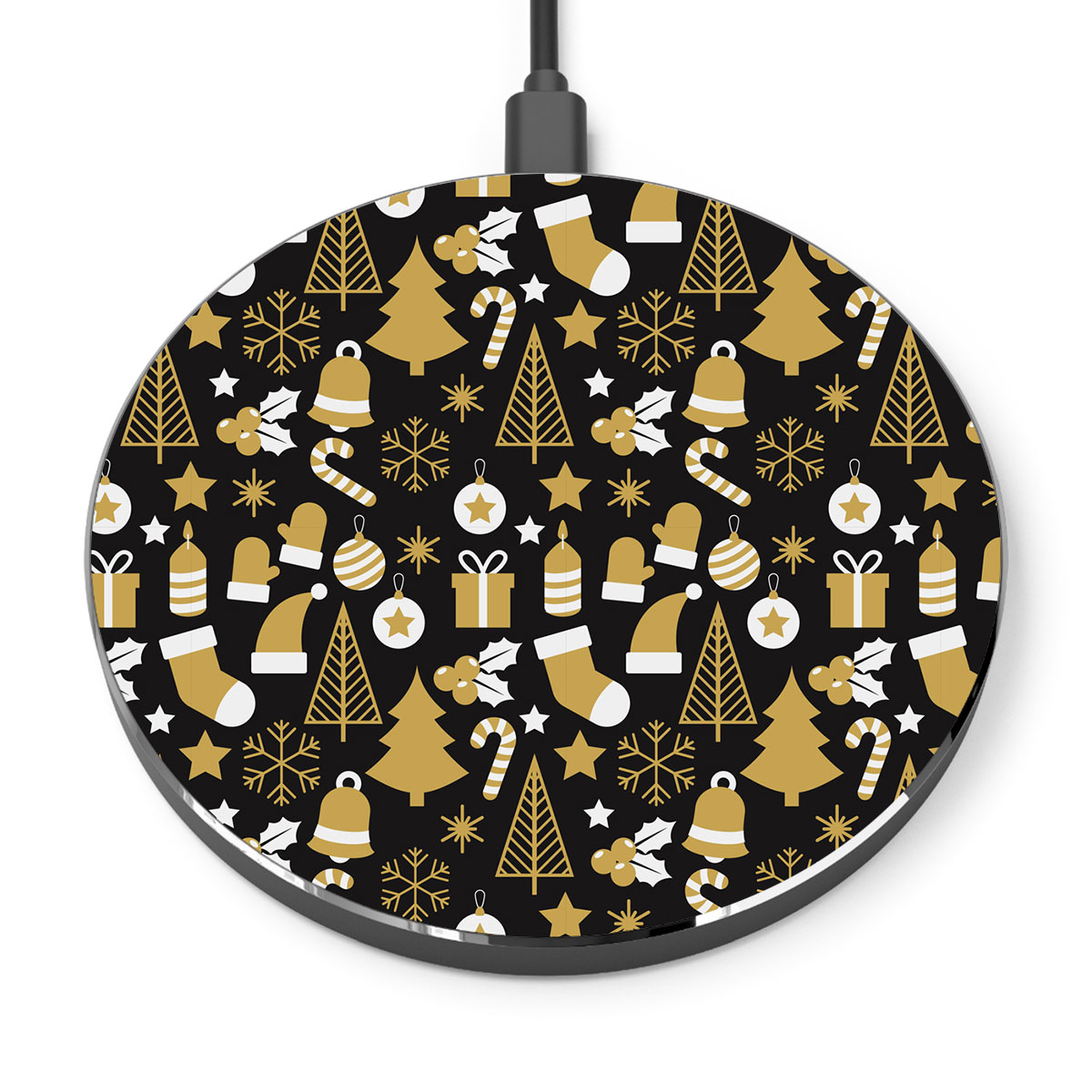 White And Gold Christmas Socks, Christmas Tree, Candy Cane On Black Background Printed Wireless Charger