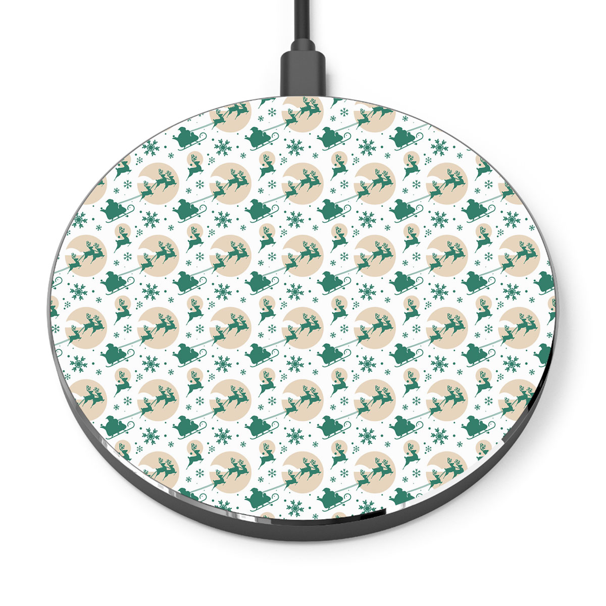 White And Green Santa Sleigh With Snowflake Printed Wireless Charger