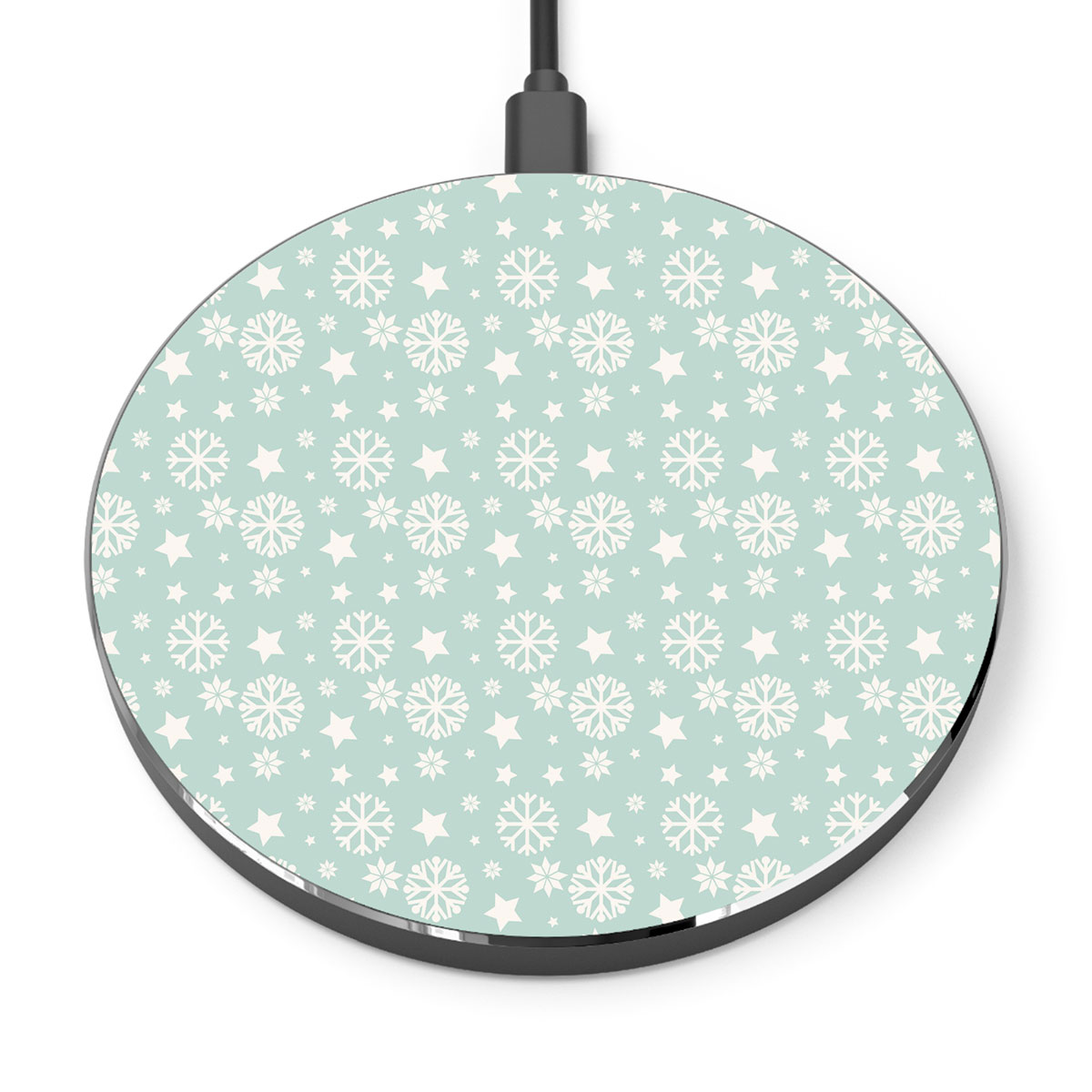 White And Light Green Snowflake And Christmas Stars Printed Wireless Charger