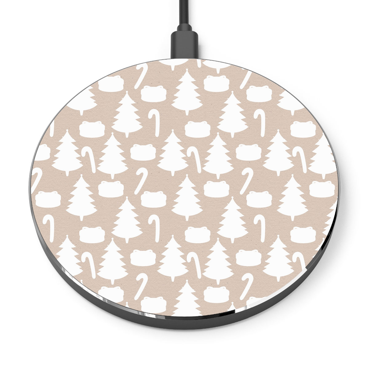 White Christmas Tree, Candy Cane On Beige Nude Background Printed Wireless Charger