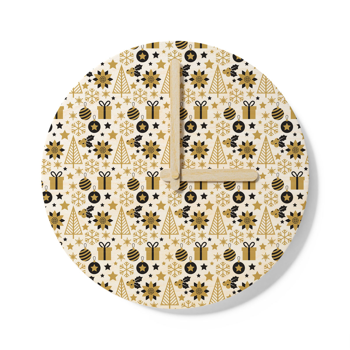 Black And Gold Christmas Gift, Holly Leaf, Snowflake On White Background Wooden Wall Clock