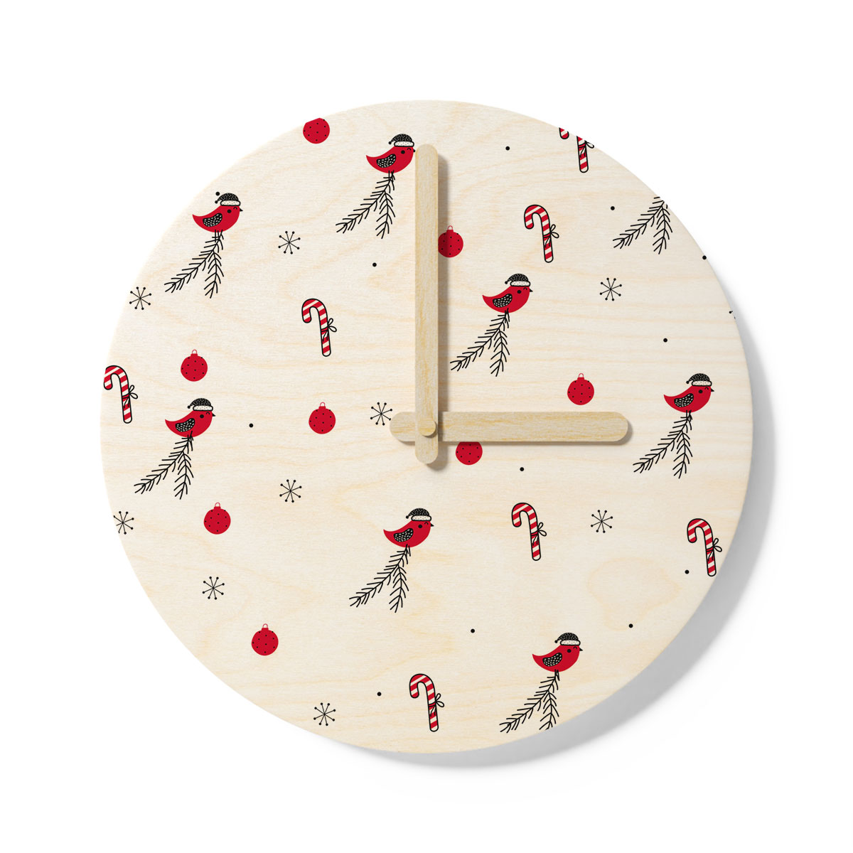 Cardinal Bird With Santa Hat, Candy Canes, Christmas Balls And Snowflake Clipart Seamless White Pattern Wooden Wall Clock