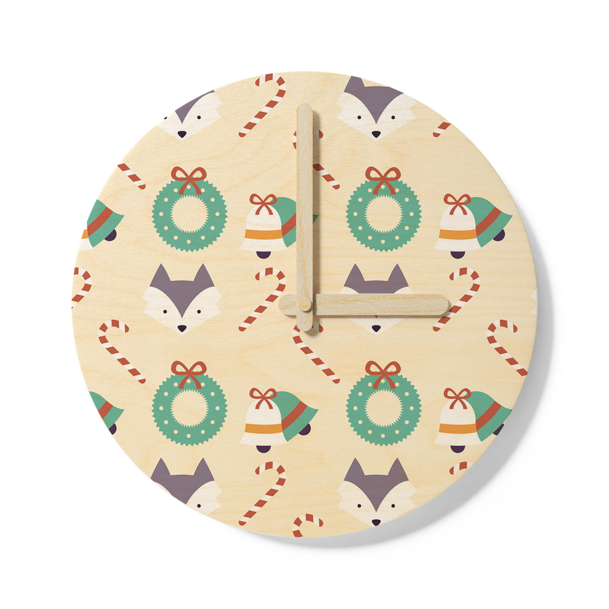Christmas Bell, Candy Cane On Light Yellow Background Wooden Wall Clock