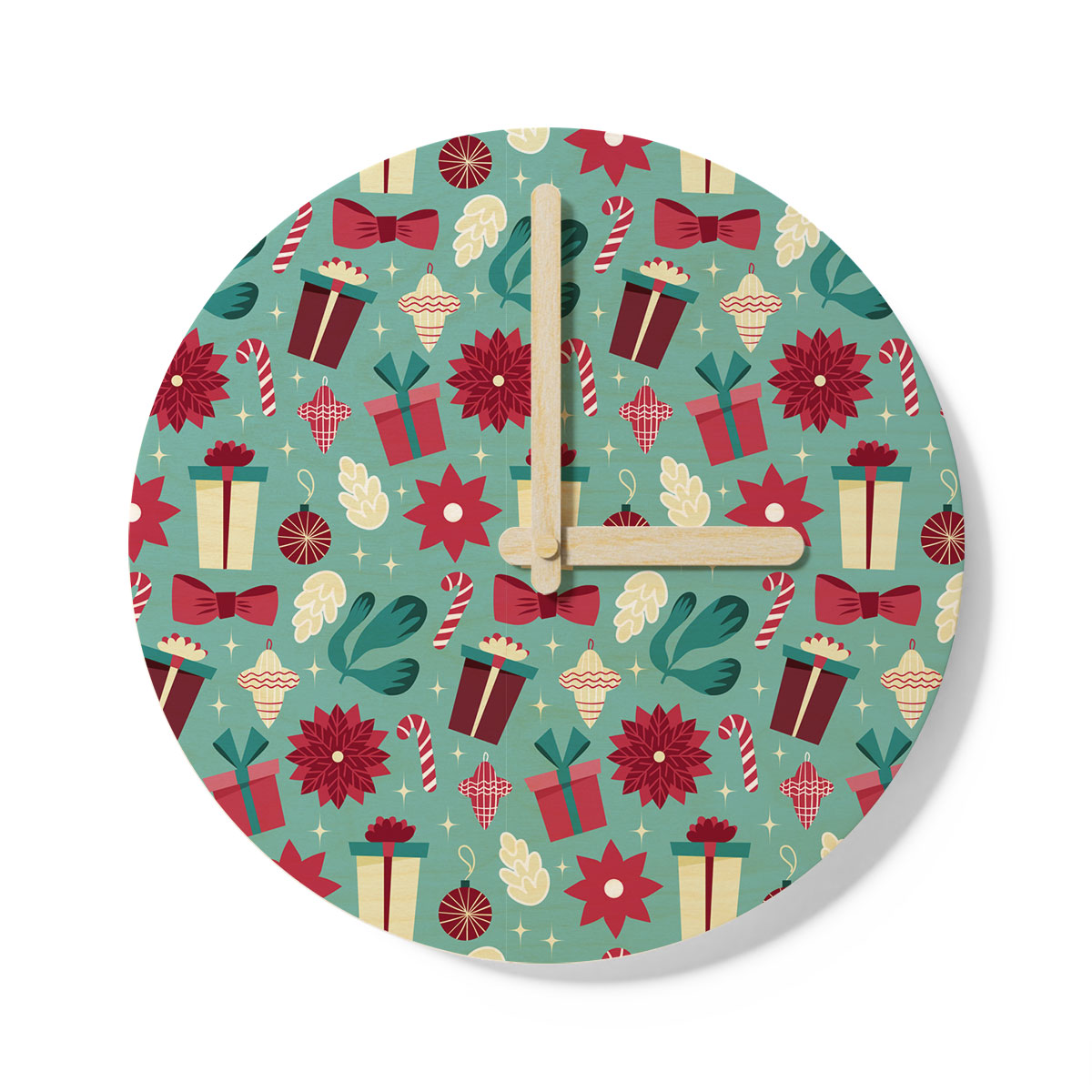 Christmas Gift, Candy Cane On Blue Background Wooden Wall Clock