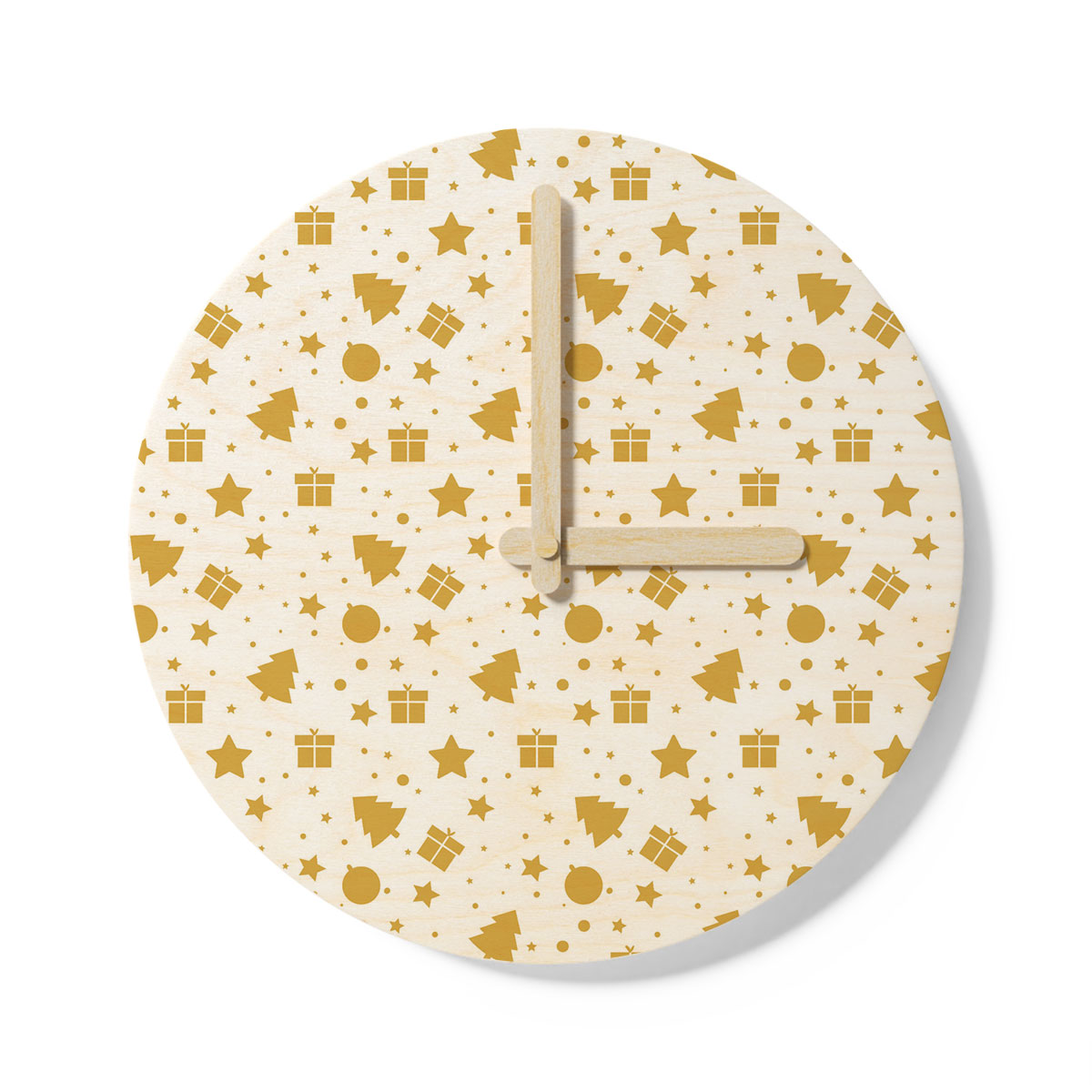 Christmas Gifts, Baudles And Pine Tree Silhouette Filled In Gold Color Pattern Wooden Wall Clock