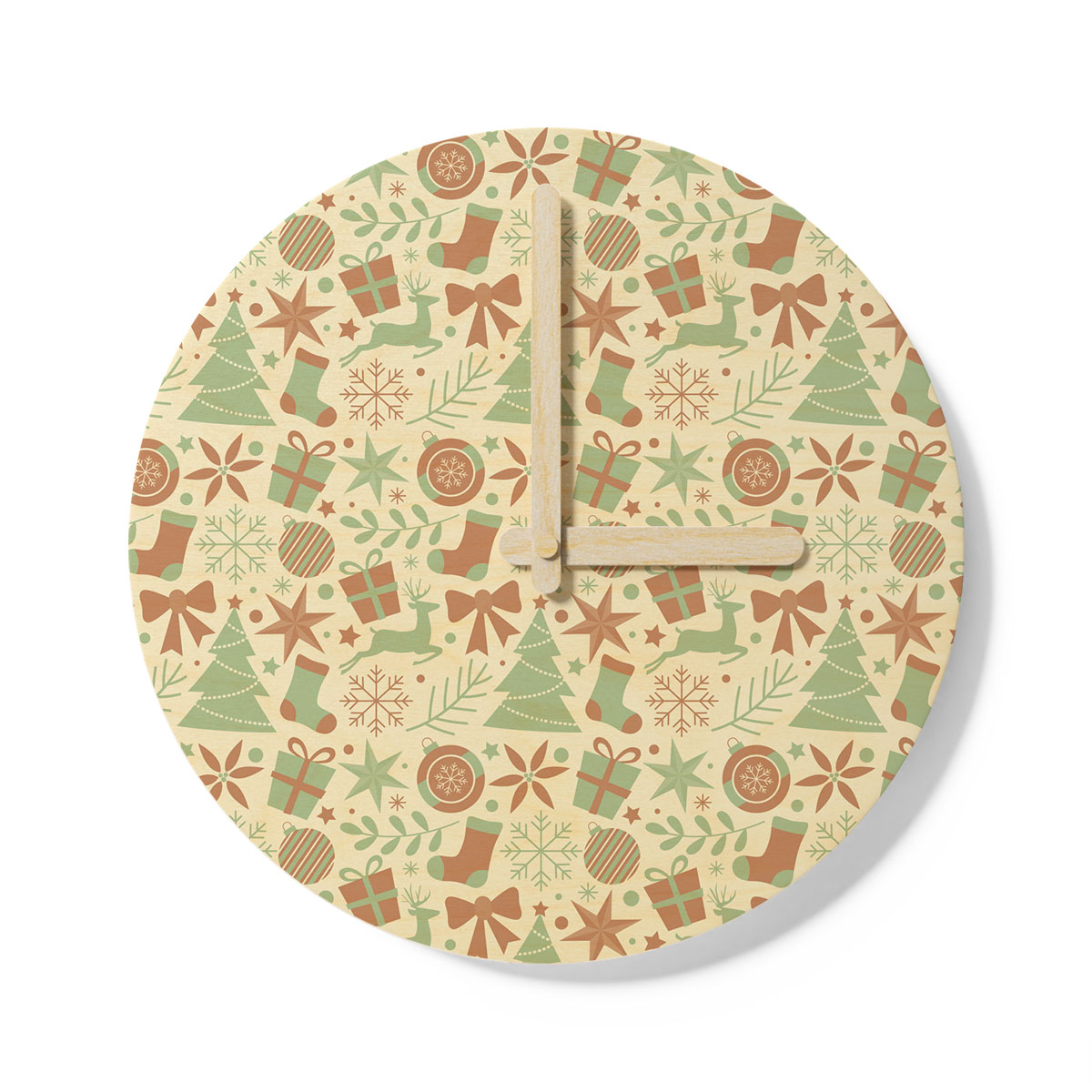 Christmas Gifts, Pine Tree and Red Socks On The Snowflake Background Wooden Wall Clock