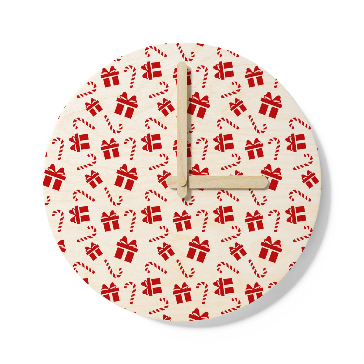 Christmas Gifts And Candy Canes Seamless White Pattern Wooden Wall Clock
