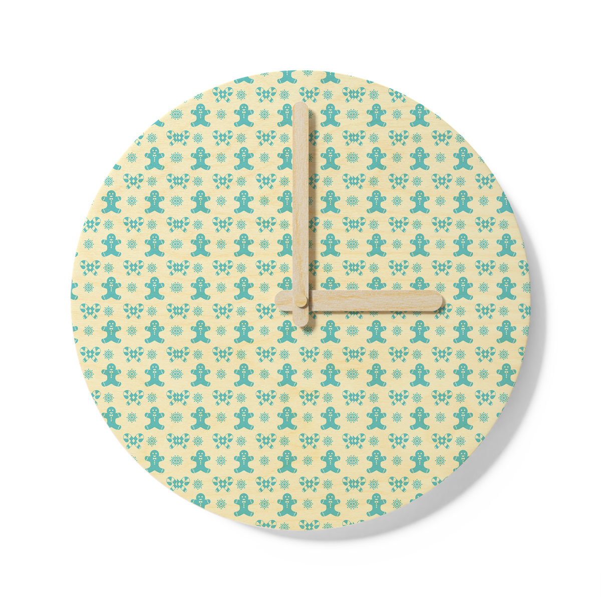 Christmas Gingerbread Man, Candy Cane On Snowflake Background Wooden Wall Clock